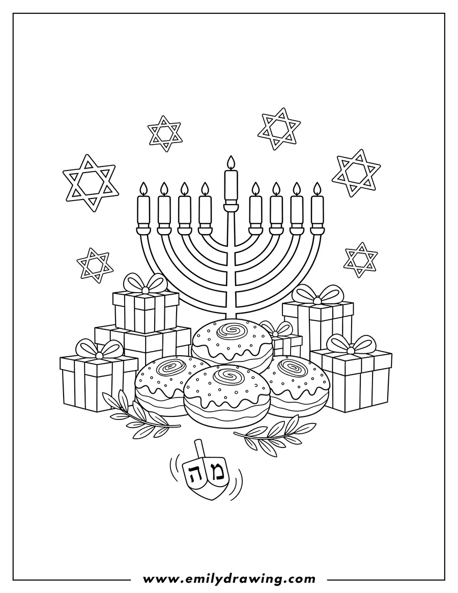 Downloadable coloring page of hanukkah Sufganiyot, Olive Branch, Gift Boxes, Menorah, Stars of David, and a spinning Dreidel