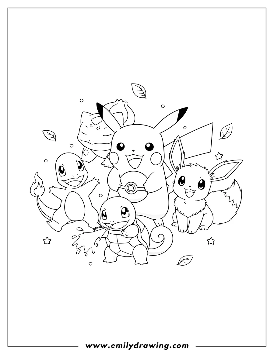 Outline drawing of happy Charmander, Eevee, and Squirtle with Pikachu holding a Poké Ball and sleeping Bulbasaur