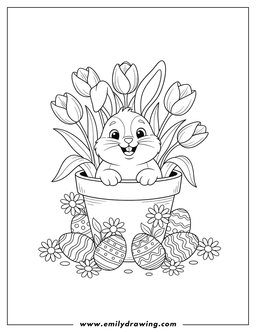 Printable coloring page of happy Easter coloring page with a bunny peeking from a flower pot filled with tulips, surrounded by decorated Easter eggs and daisies