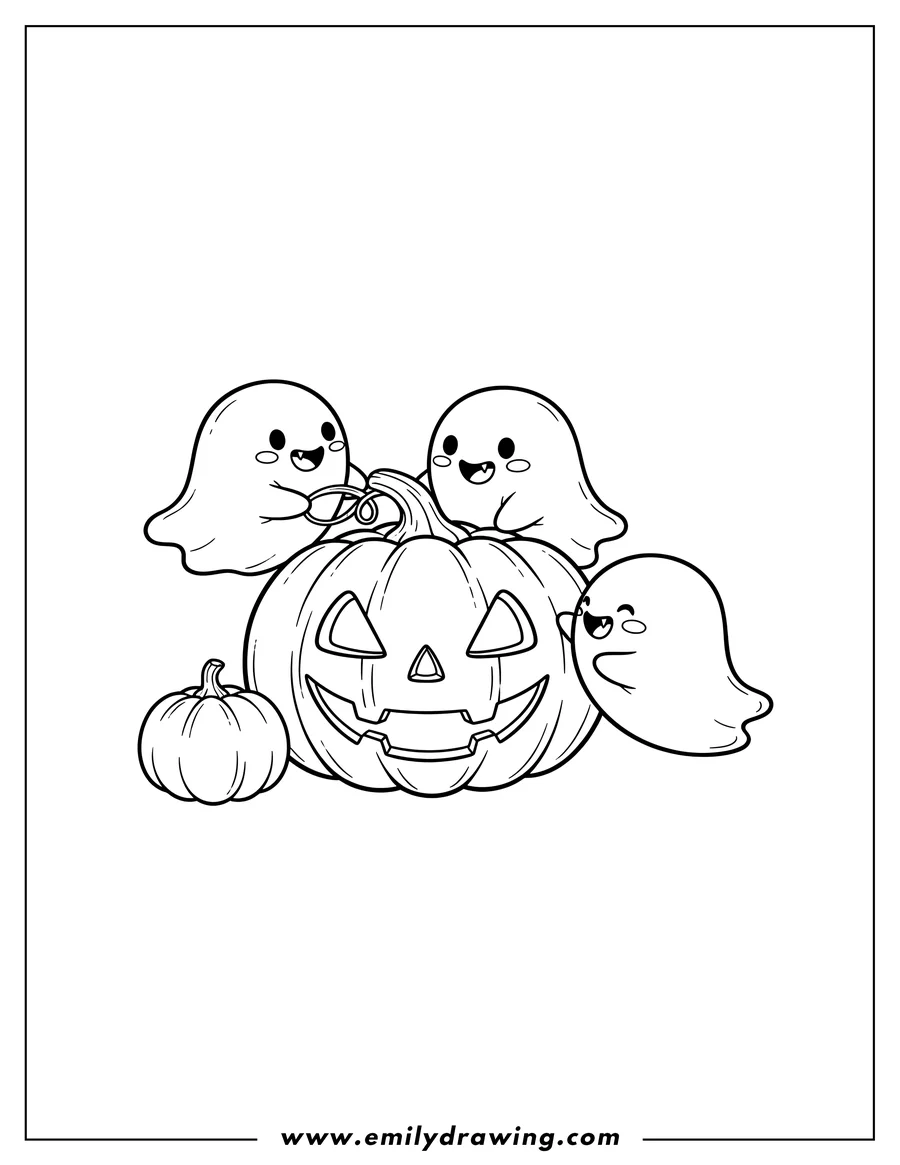 Free to print drawing of kawaii happy ghosts with fangs playing around a jack-o'-lantern, with a small pumpkin