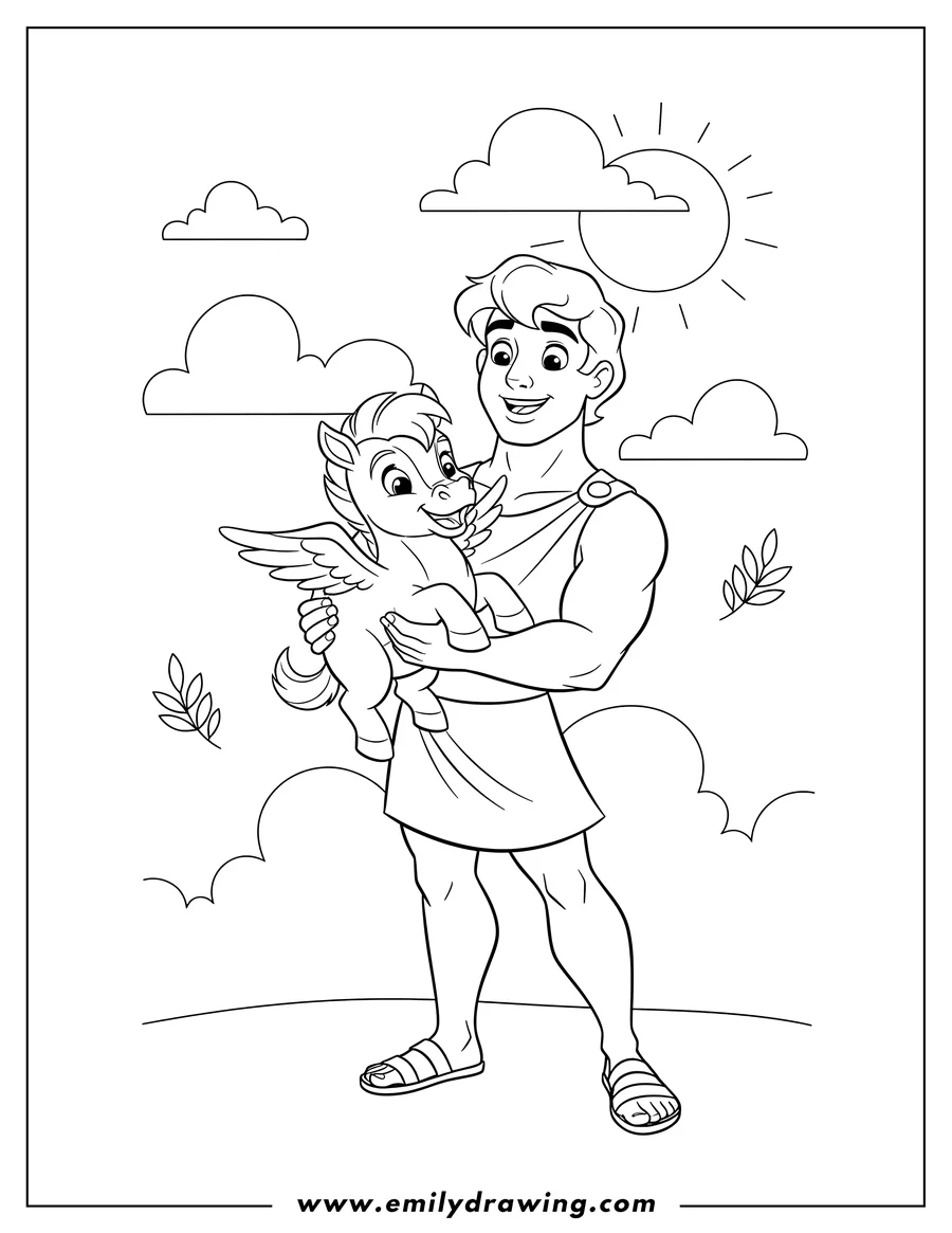 Downloadable coloring page of happy Kid Hercules holding a happy Baby Pegasus
