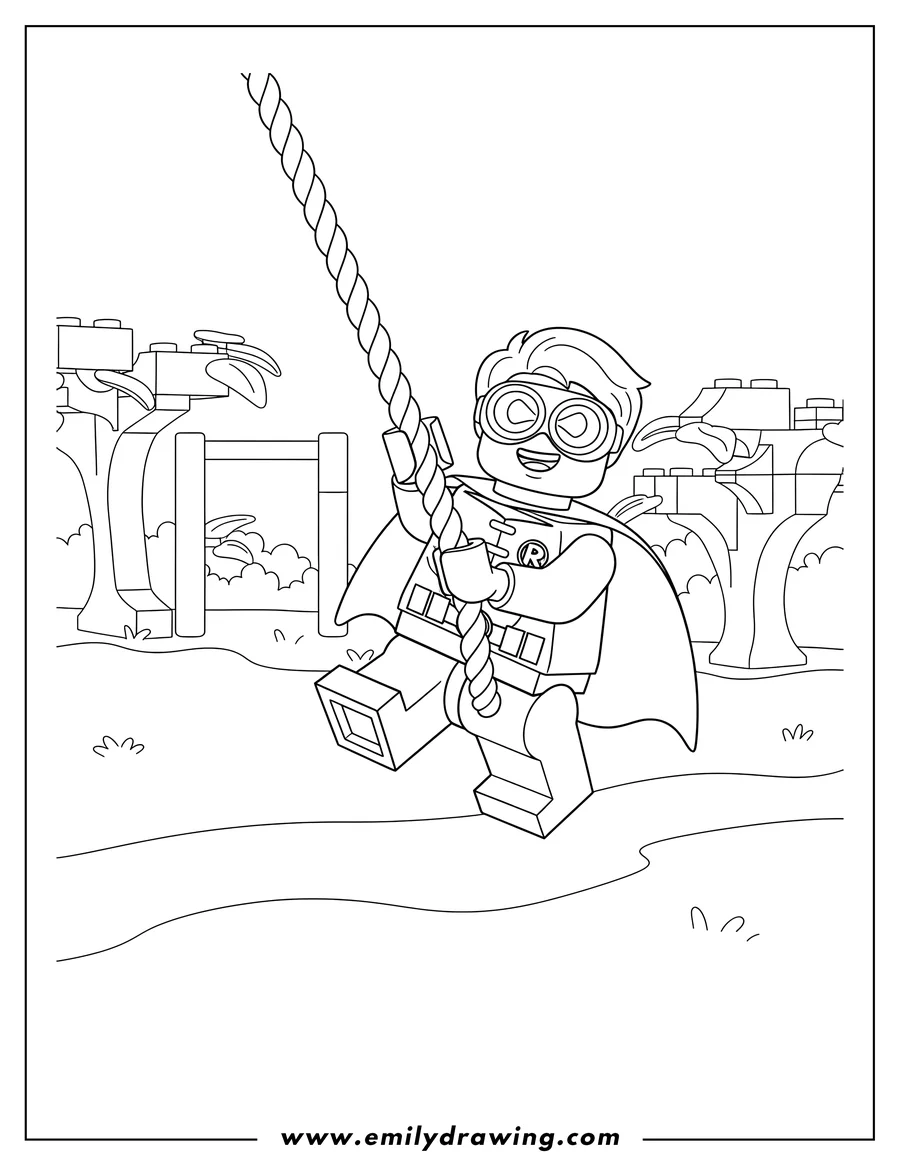 Free printable coloring sheet of happy Lego Robin wearing goggles, swinging on a rope