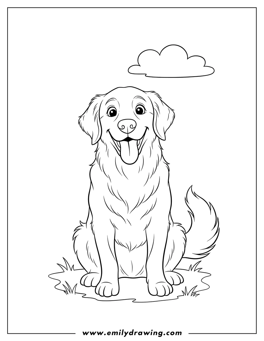 Free to print drawing of happy Little Golden Retriever sitting and smiling with its tongue out