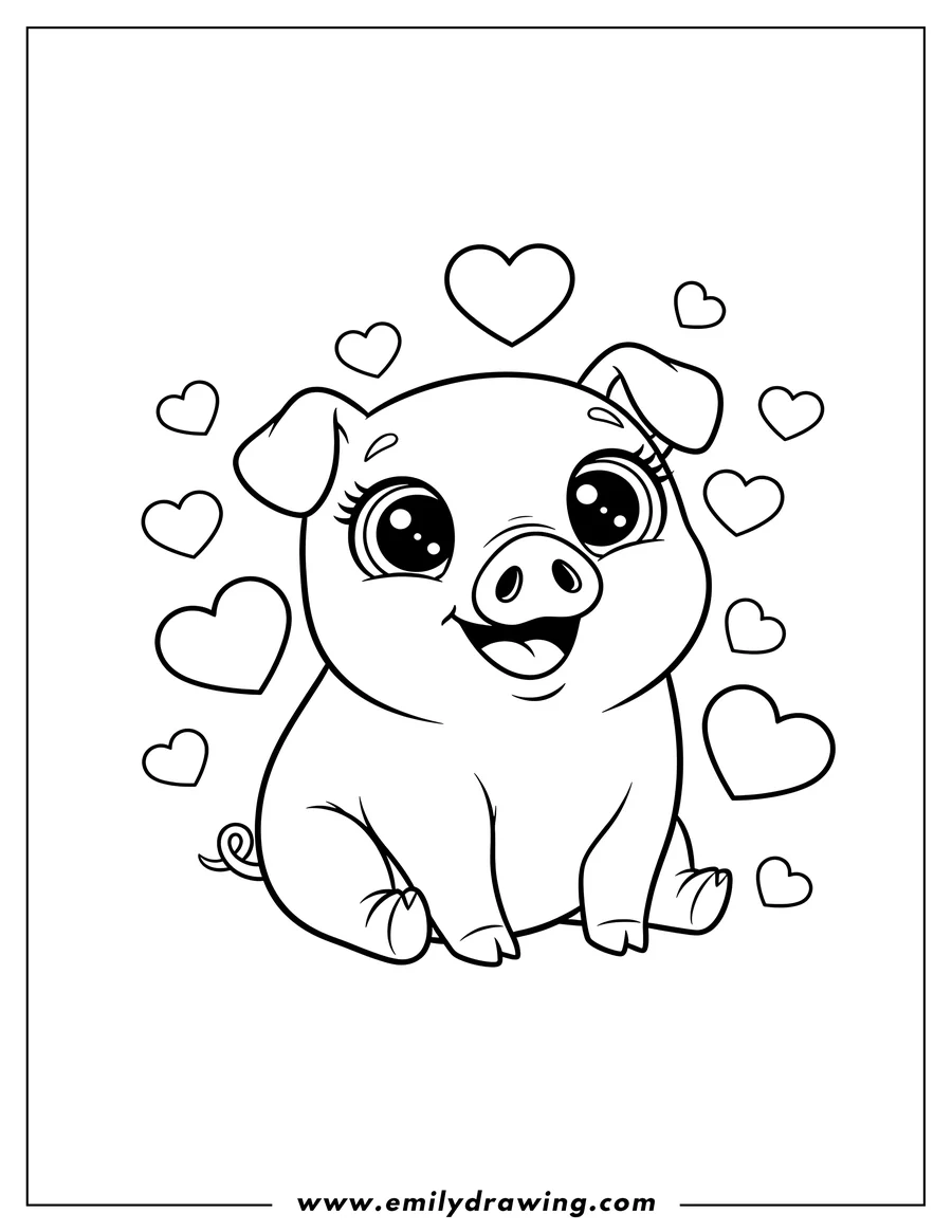 Printable coloring page of happy little pig sitting, with big sparkly eyes and a broad smile, surrounded by love hearts