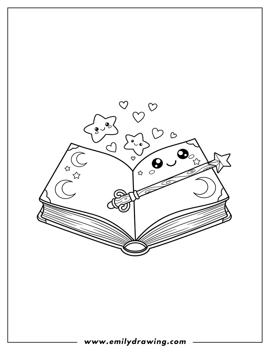 Coloring sheet featuring kawaii happy open spell book with a wooden wand resting on its pages