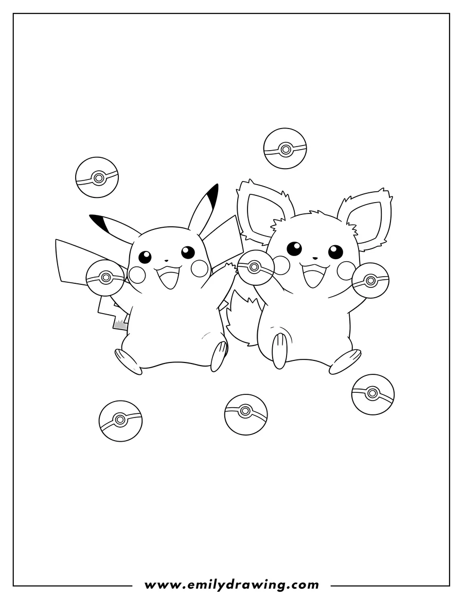 Linear illustration of happy Pikachu and Raichu jumping with Poké Balls, Pokemon Poster