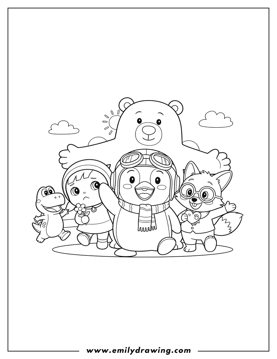 High quality printable happy Pororo With Loopy Eddy Petty Crong And Poby posing together for coloring