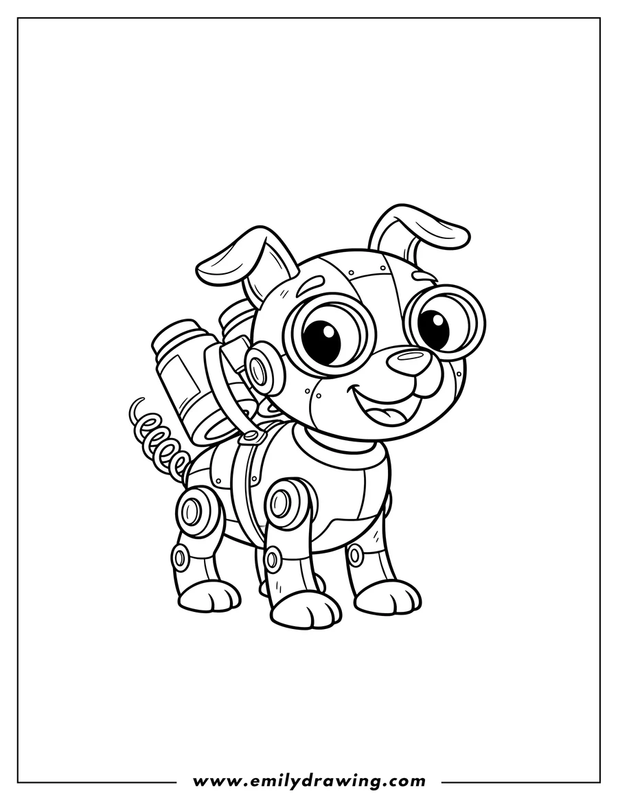 Doodle style coloring picture of happy robot dog standing with binoculars on its back