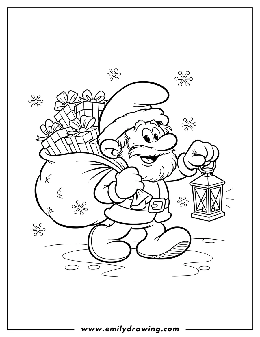 Coloring page of happy Santa Smurf walking with a sack of Christmas presents and holding a lantern