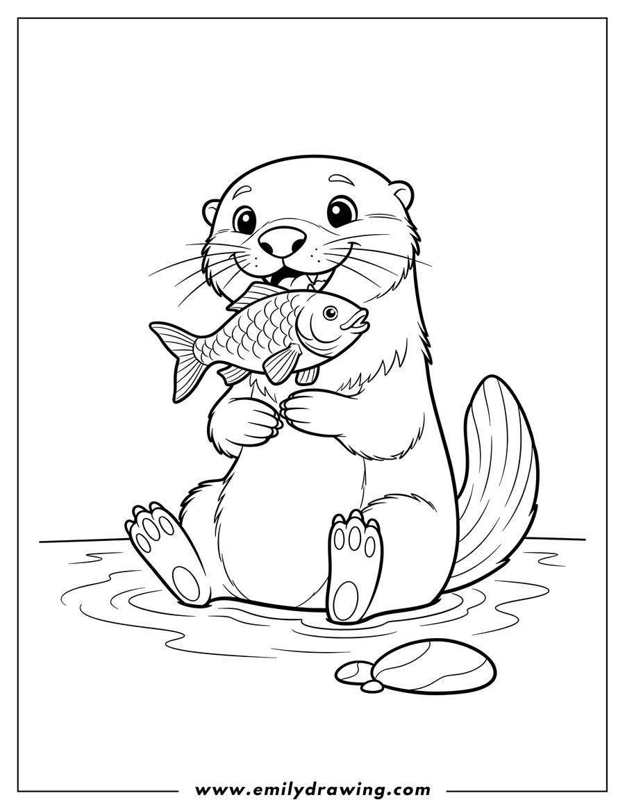 High quality printable happy sitting otter with a fish in its mouth for coloring