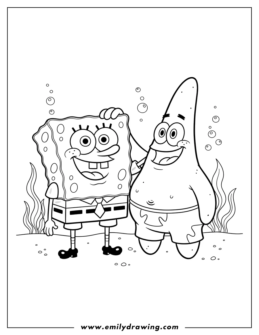 Full page coloring image of happy Spongebob and Patrick Star standing with Patrick's arm around Spongebob's shoulder