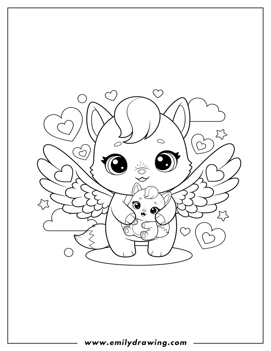 Full page coloring image of kawaii Hatchimals Ponette with wings, holding a baby animal, and heart patterns