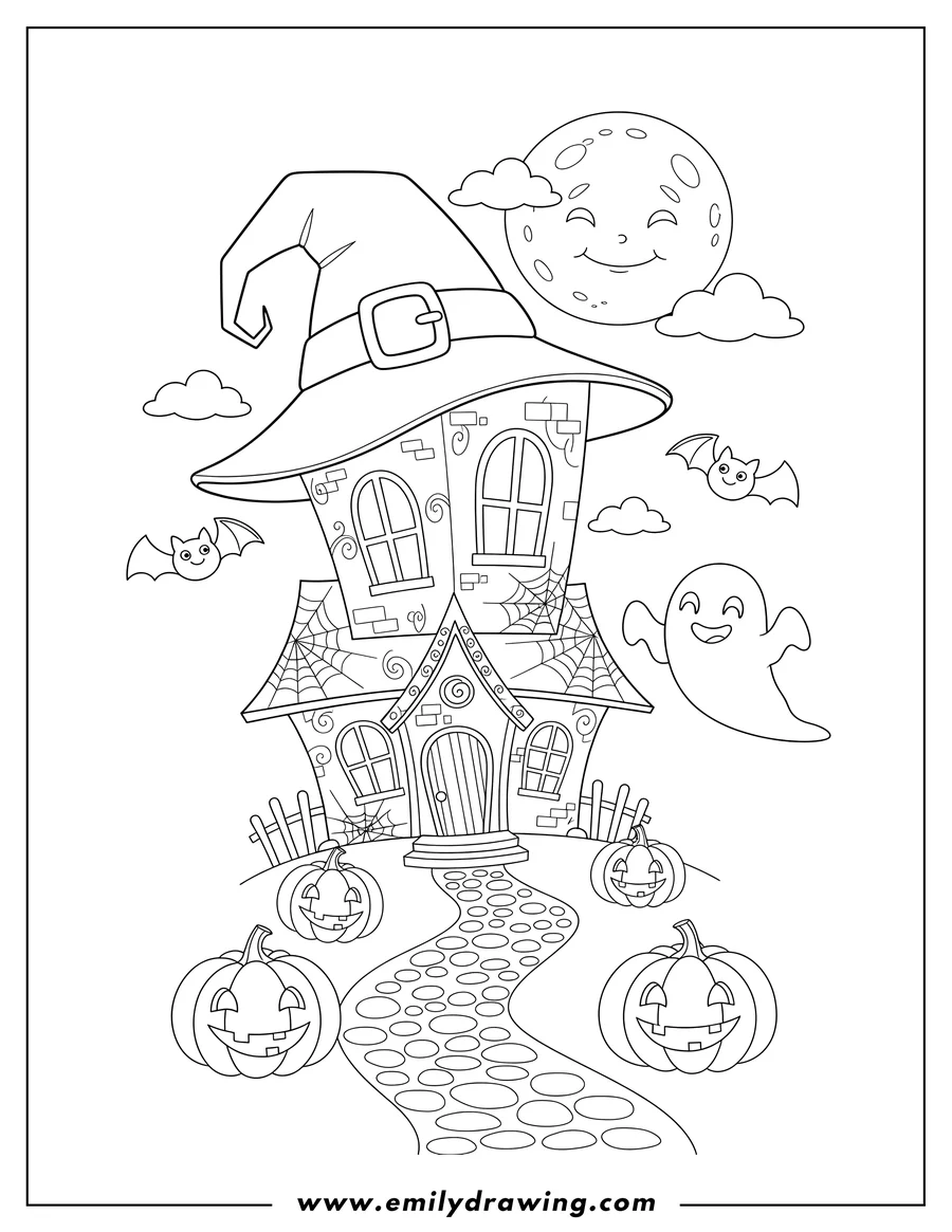 Free printable coloring sheet of haunted House with a Witch's Hat Roof and Winding Path, featuring Pumpkins, Flying Bats, and a Friendly Ghost under a Big Moon, for Preschoolers