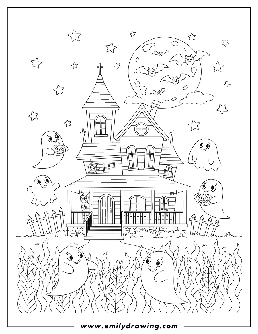 Doodle style coloring picture of haunted house with porch and cornfield, featuring floating cartoon ghosts, bats, a full moon, and starry sky