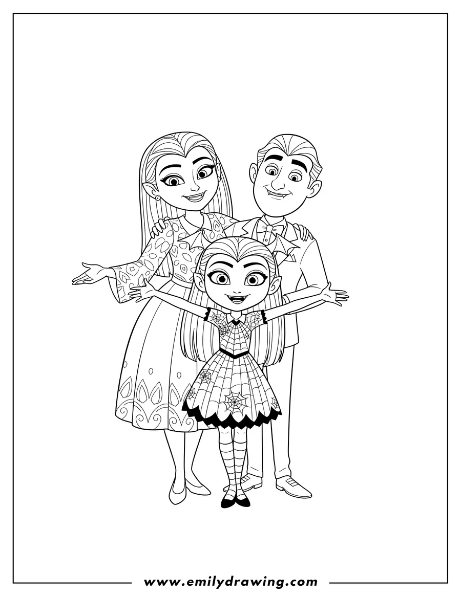 Printable coloring page of oxana, Boris, and Vampirina Hauntley smiling and posing together as a family, with Vampirina standing in front