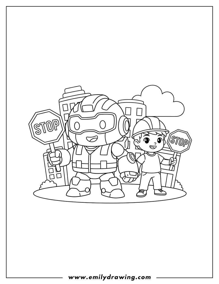 Printable coloring page of kawaii Heatwave Rescue Bots in a safety vest and a human, both holding stop signs