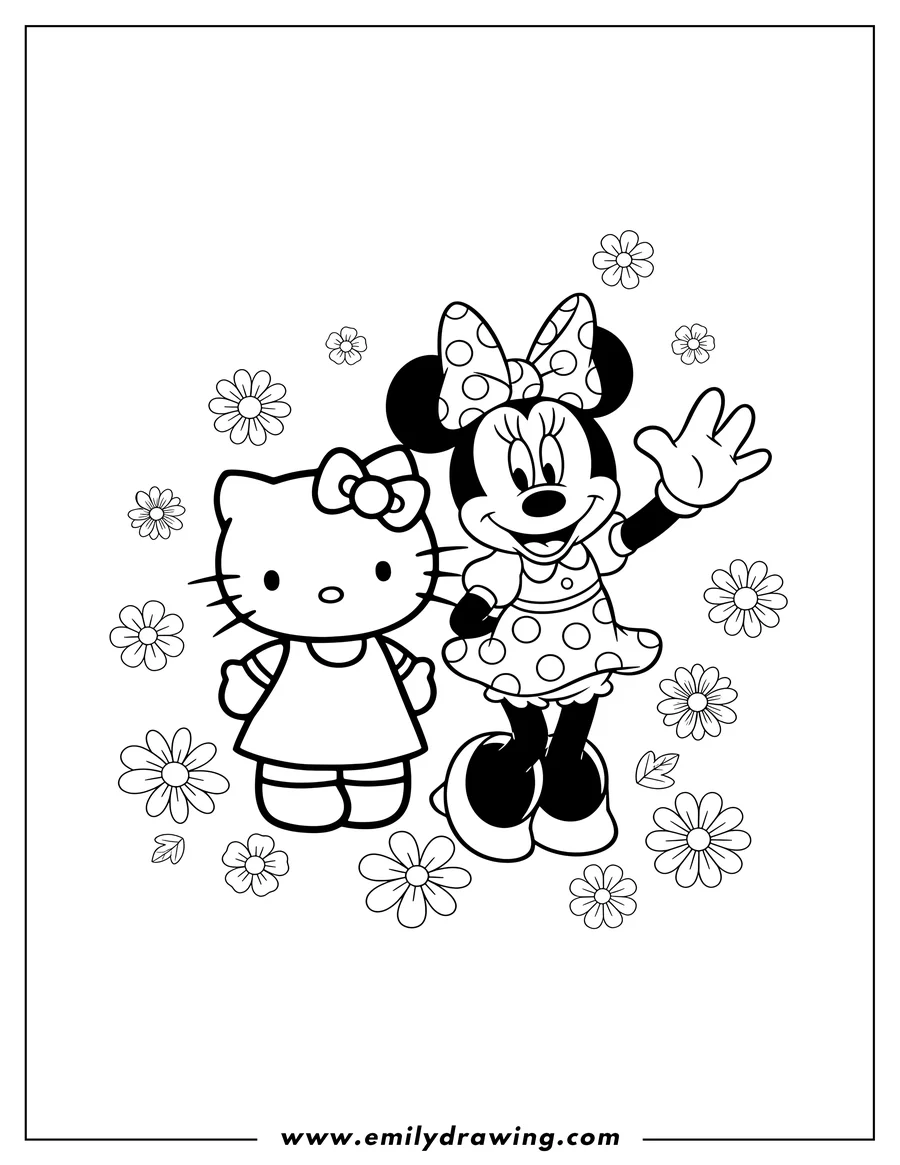 Linear illustration of hello Kitty and Minnie Mouse standing together, Minnie waving, with flowers