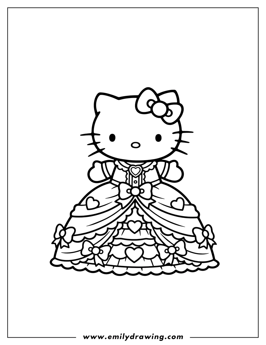 Doodle style coloring picture of kawaii Hello Kitty Dress, standing, with a big bow on her head