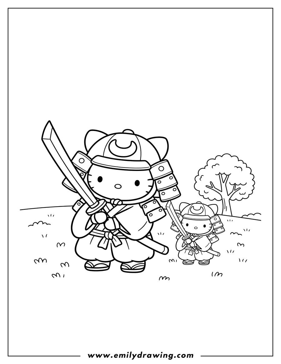Linear illustration of kawaii Hello Kitty Samurai Preschoolers wearing a helmet and holding a wooden sword