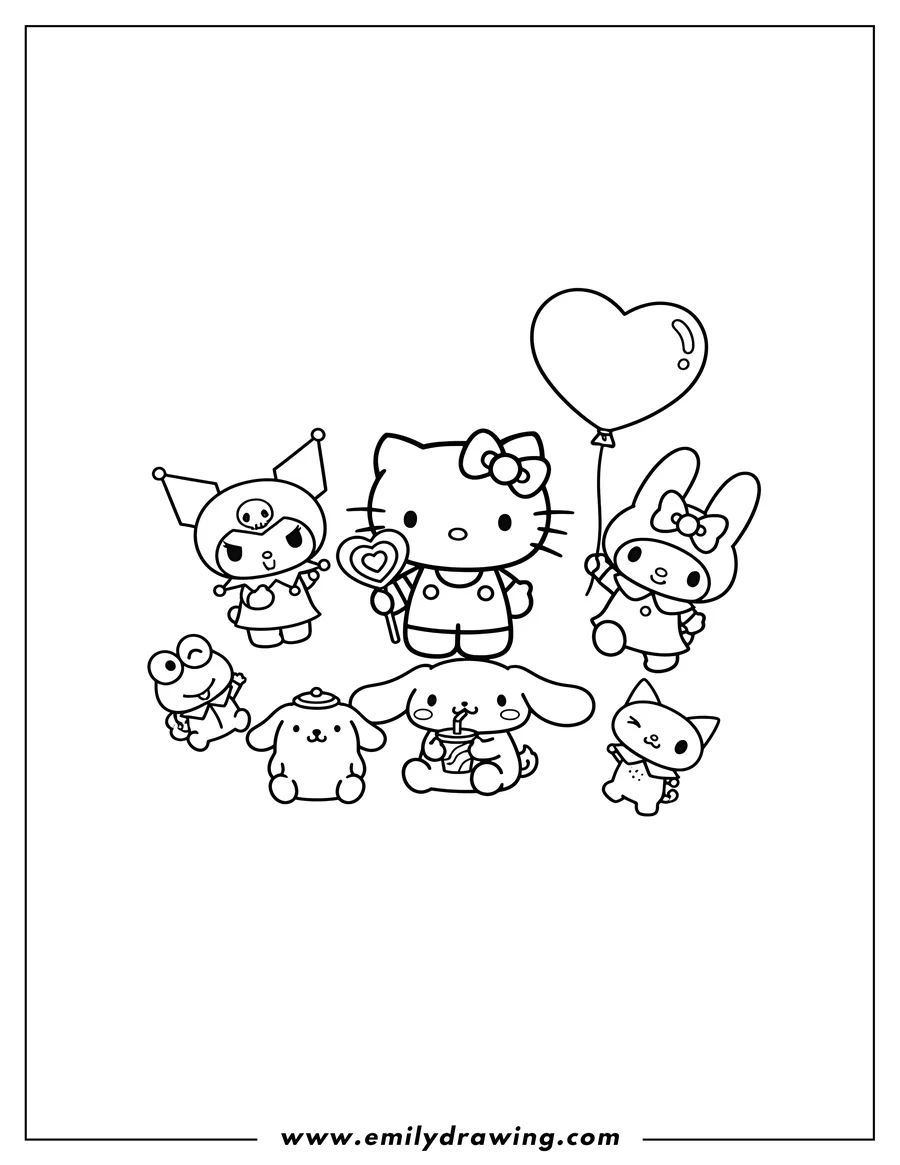 Printable coloring page of kawaii Hello Kitty holding a heart lollipop, Kuromi, My Melody holding a heart balloon, and Cinnamoroll sitting and drinking, with Sanrio Friends