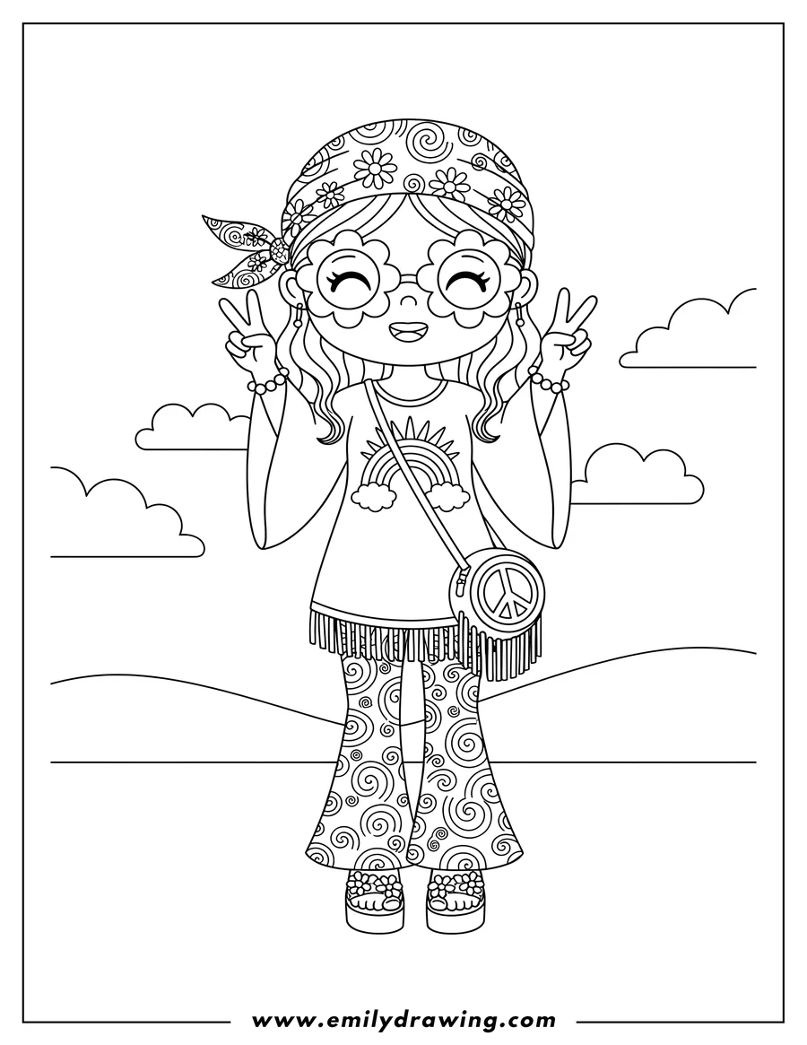 Linear illustration of kawaii Hippie Girl With Patterned Bandana, Round Glasses, Bell Bottoms, and Fringed Bag Doing Peace Sign