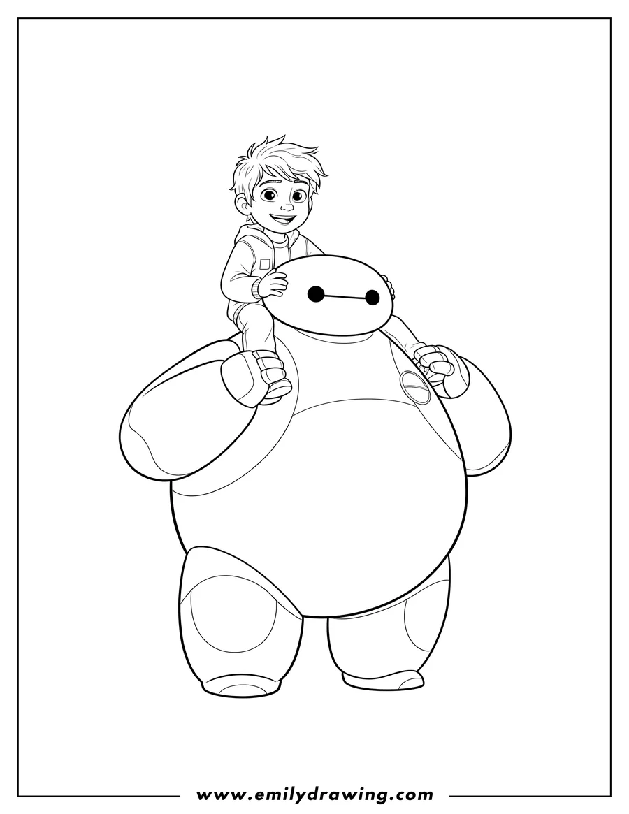 Free printable coloring sheet of hiro Hamada smiling and sitting on Baymax's shoulders