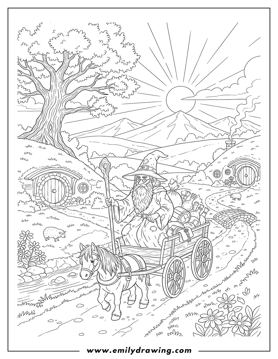 Doodle style coloring picture of hobbiton Shire, a wizard in a cart going down a path