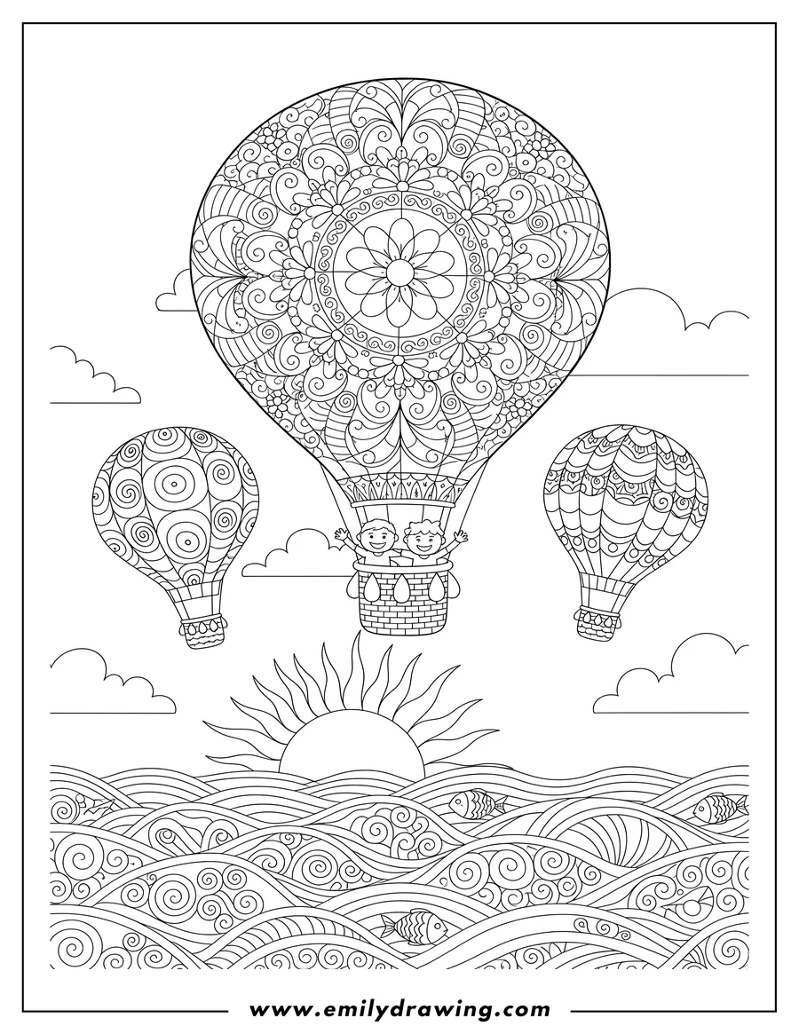 Outline drawing of hot Air Balloons Over Sea Zentangle at sunrise