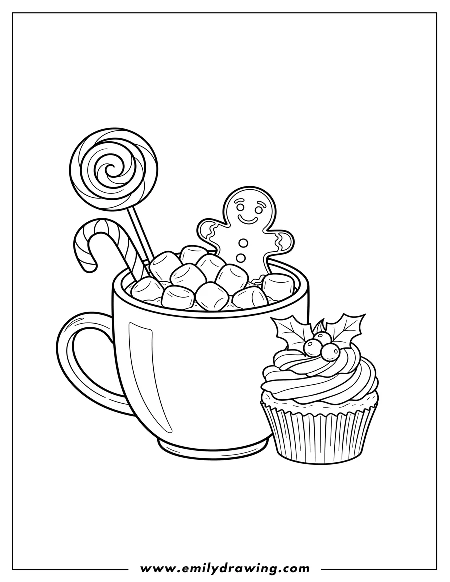 Downloadable coloring page of hot Chocolate Drink with marshmallows, gingerbread man, lollipop, and candy cane, beside a Christmas Cupcake with holly