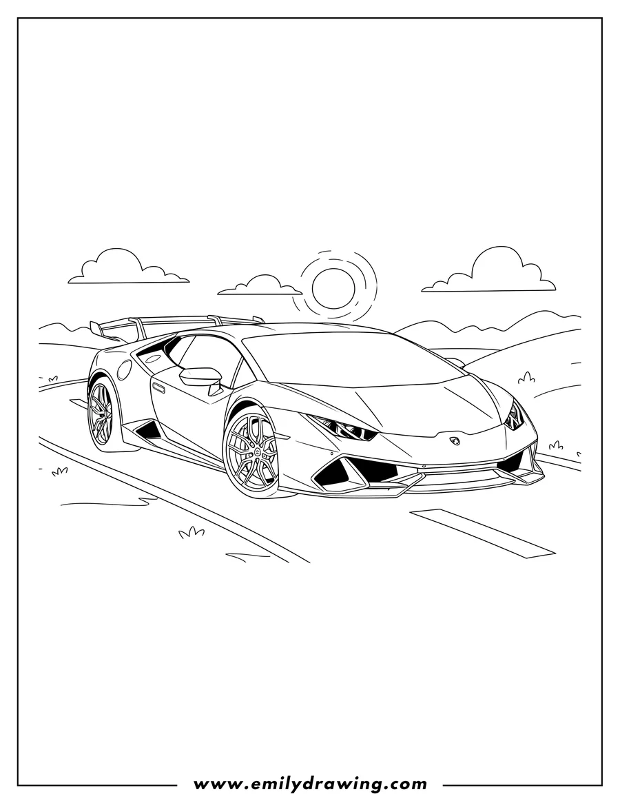 Vector style outline of lamborghini Huracan with spoiler on a road, front-side view, for coloring