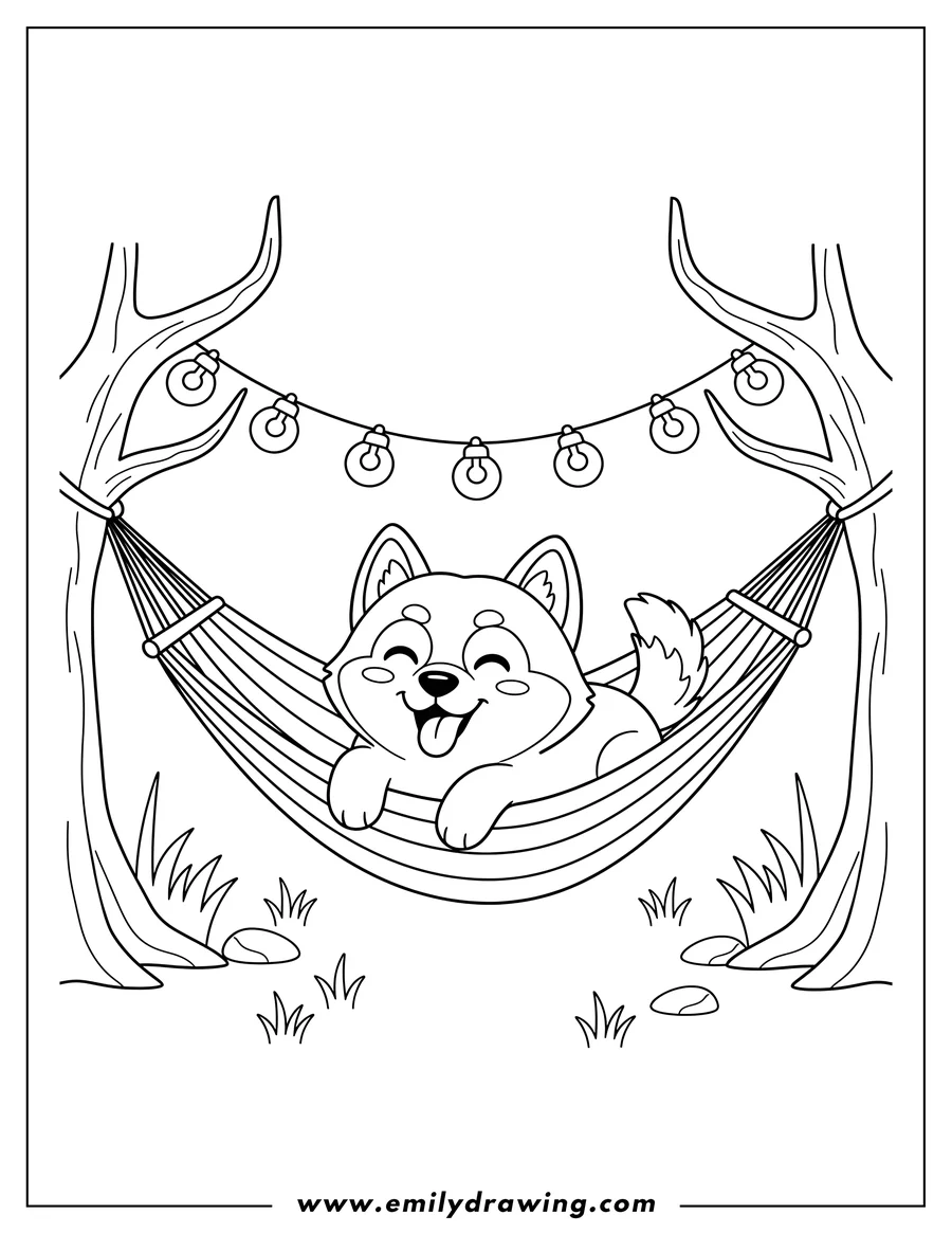 High quality printable kawaii Husky lying in a hammock, smiling with its tongue out, below string lights for coloring