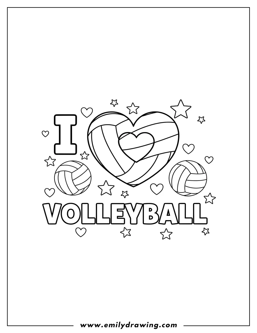 High quality printable I LOVE VOLLEYBALL text, with the word 'LOVE' depicted as a heart-shaped volleyball, surrounded by two outline volleyballs, stars, and hearts for coloring