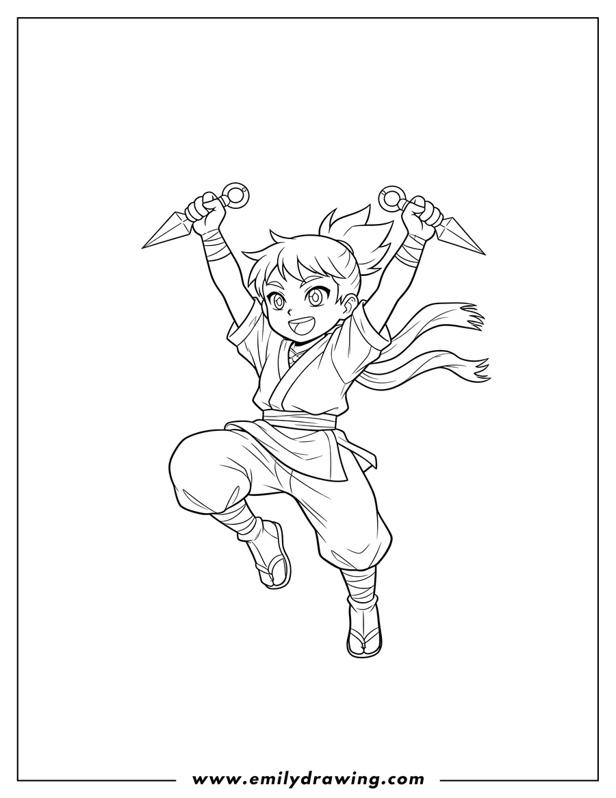 Downloadable coloring page of ibuki Holding Kunai Both Hands, leaping with raised arms