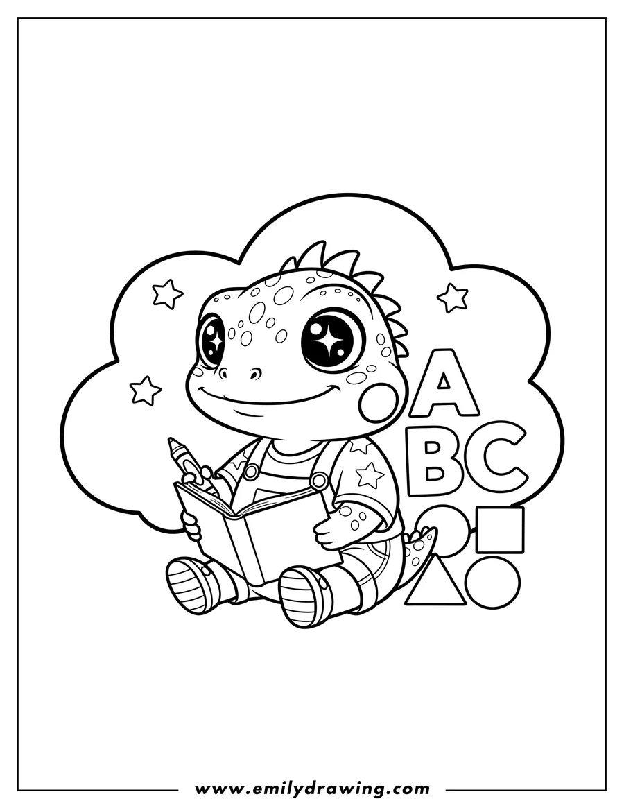 Clean line drawing: kawaii Iguana Preschooler sitting with large, shiny eyes