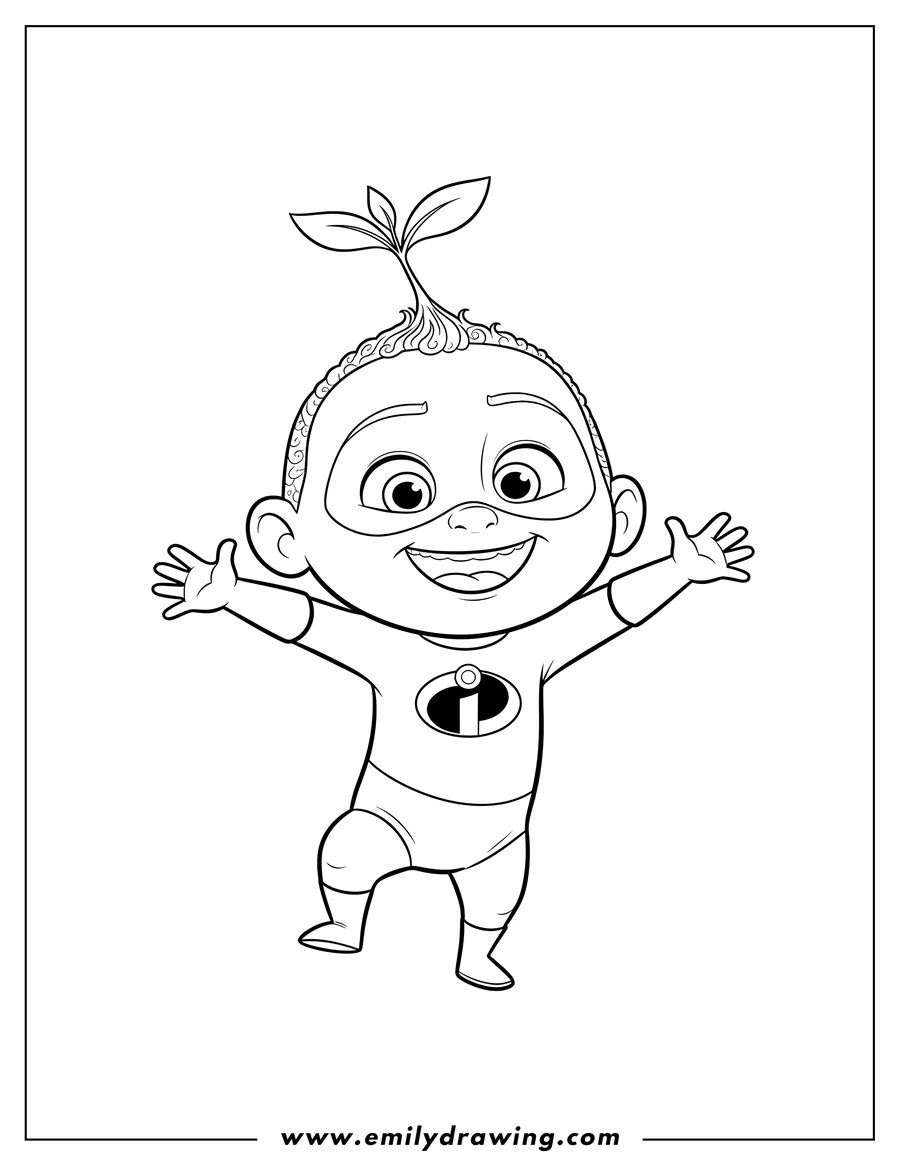 Coloring page for kids: incredibles Jack Jack in mask with sprout, smiling with outstretched arms