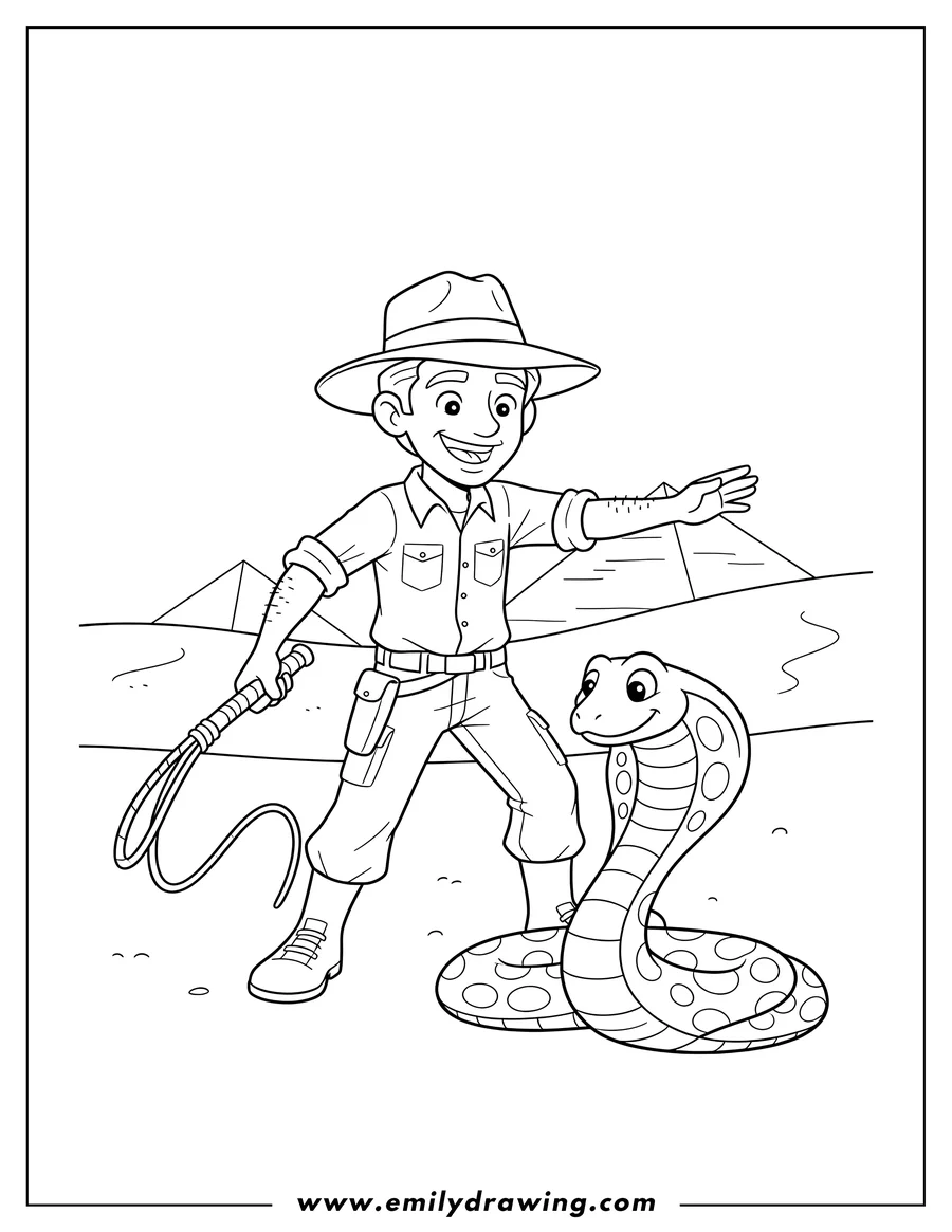 Downloadable coloring page of indiana Jones in his hat, holding his whip, facing a coiled cobra