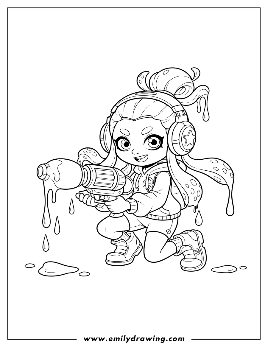 Doodle style coloring picture of kawaii Inkling Girl wearing headphones, crouching and holding an inkjet, with ink dripping from her hair