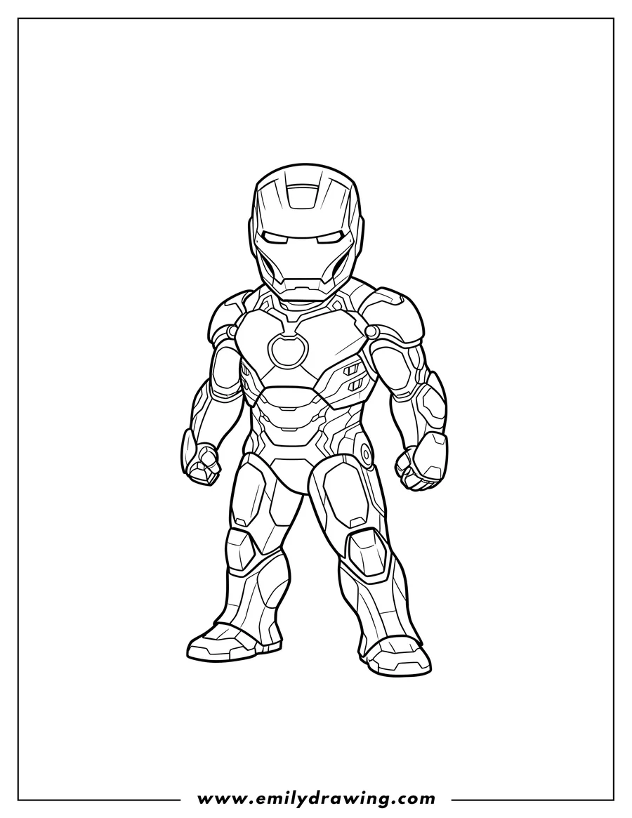 Clean line drawing: iron Man Mark 42 Suit Scaled, standing