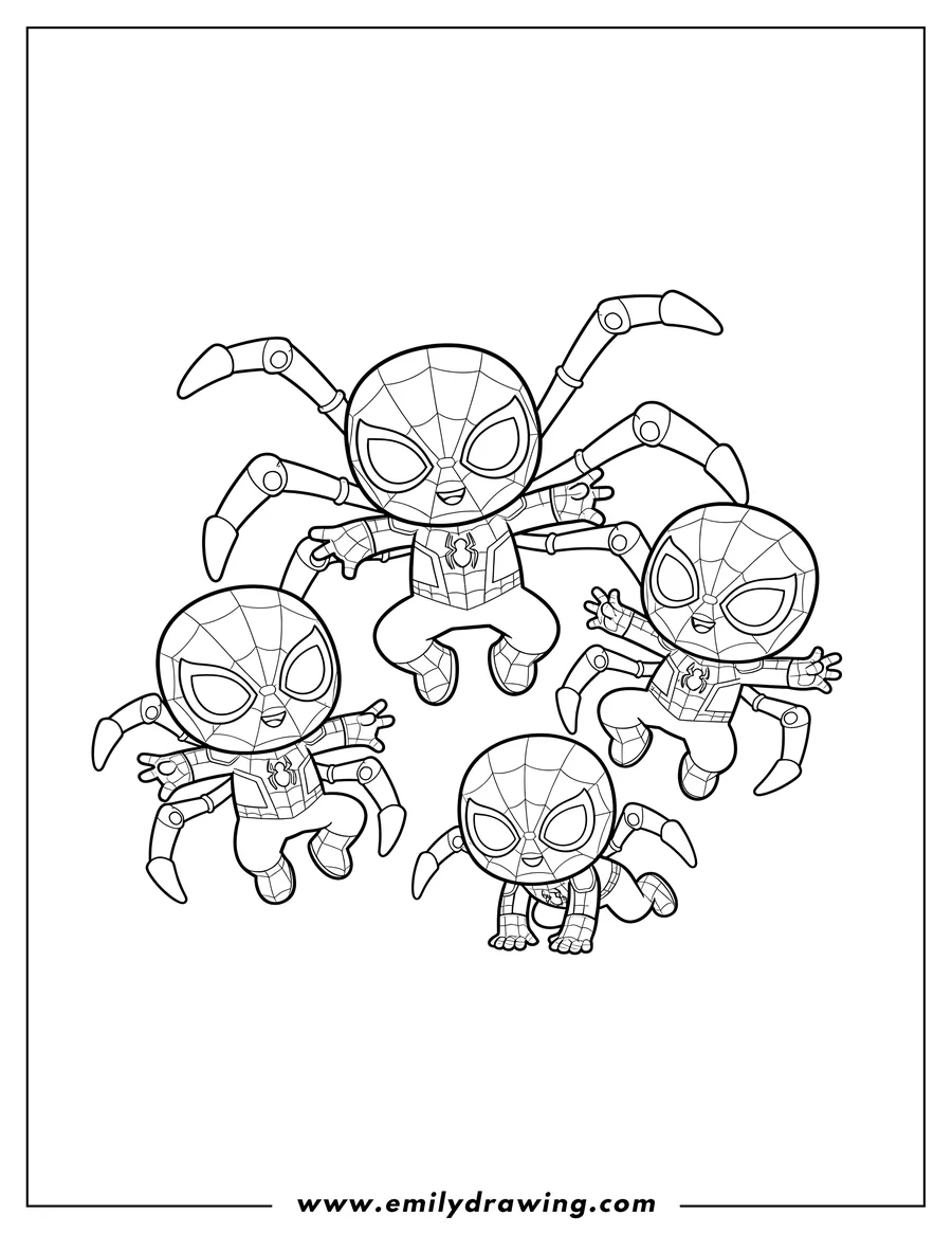 Outline drawing of kawaii Iron Spider Man Preschoolers in a dynamic pose with extra spider arms