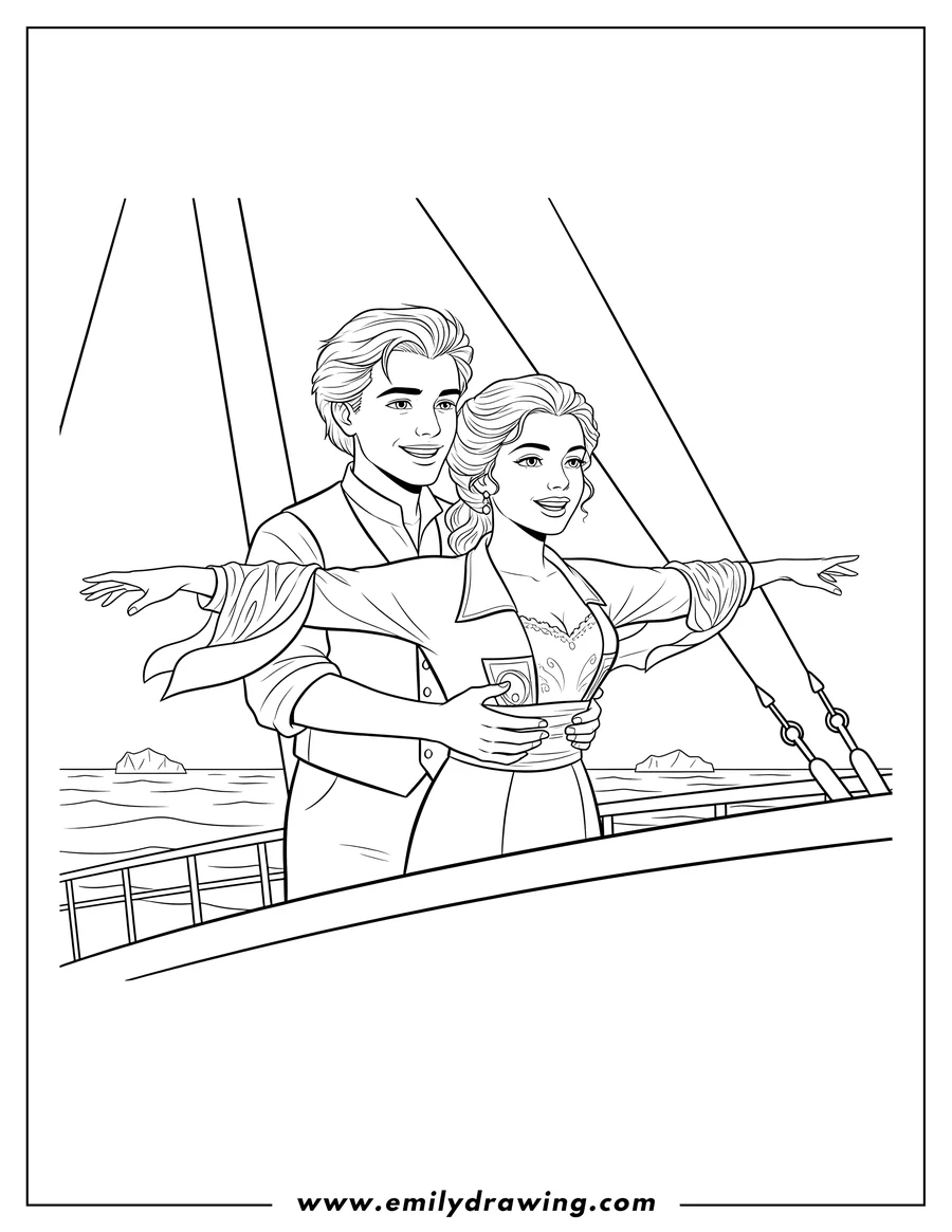 Linear illustration of jack and Rose on Titanic, Jack holding Rose as she stretches out her arms