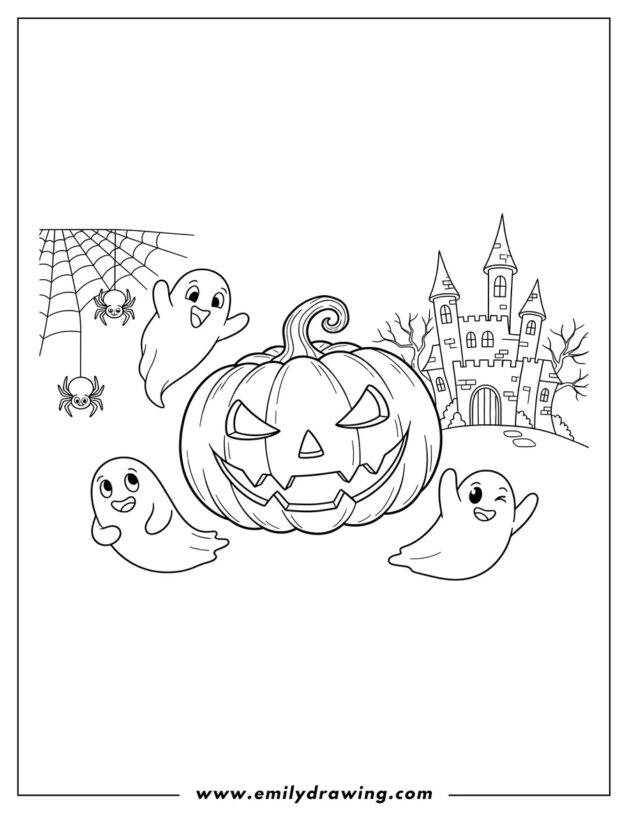 Clean line drawing: jack O Lantern with a spooky carved face, floating ghosts, spiders on a web, and a haunted castle