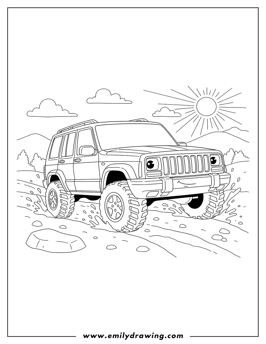 Coloring sheet featuring jeep Cherokee driving off-road on a sunny day