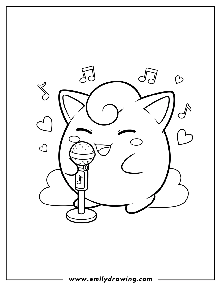 PDF style coloring page: kawaii Jigglypuff singing with eyes closed and holding a microphone, for preschoolers