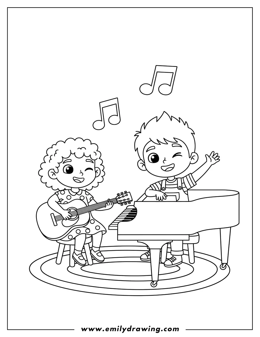 Downloadable coloring page of johnny And Ash Playing Music Preschoolers, Ash playing guitar and Johnny playing piano, winking