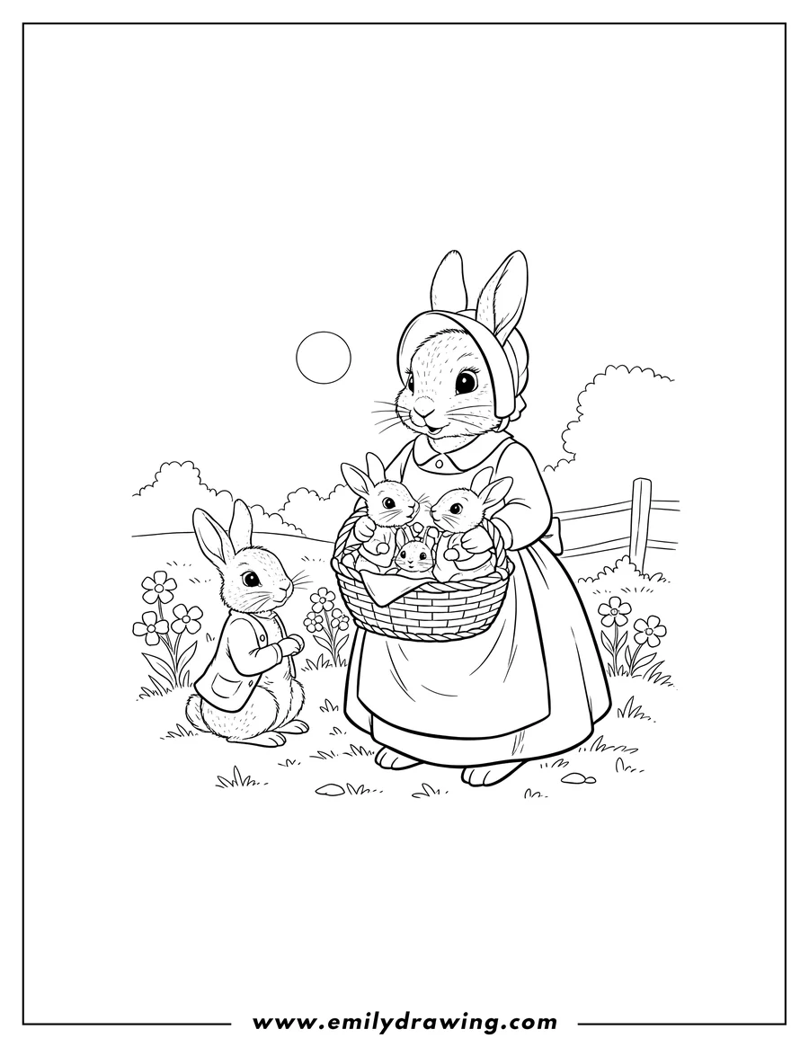 Coloring page of josephine Rabbit holding a basket and caring for Flopsy, Mopsy, and Cotton-tail, while Peter Rabbit sits separately in his blue coat