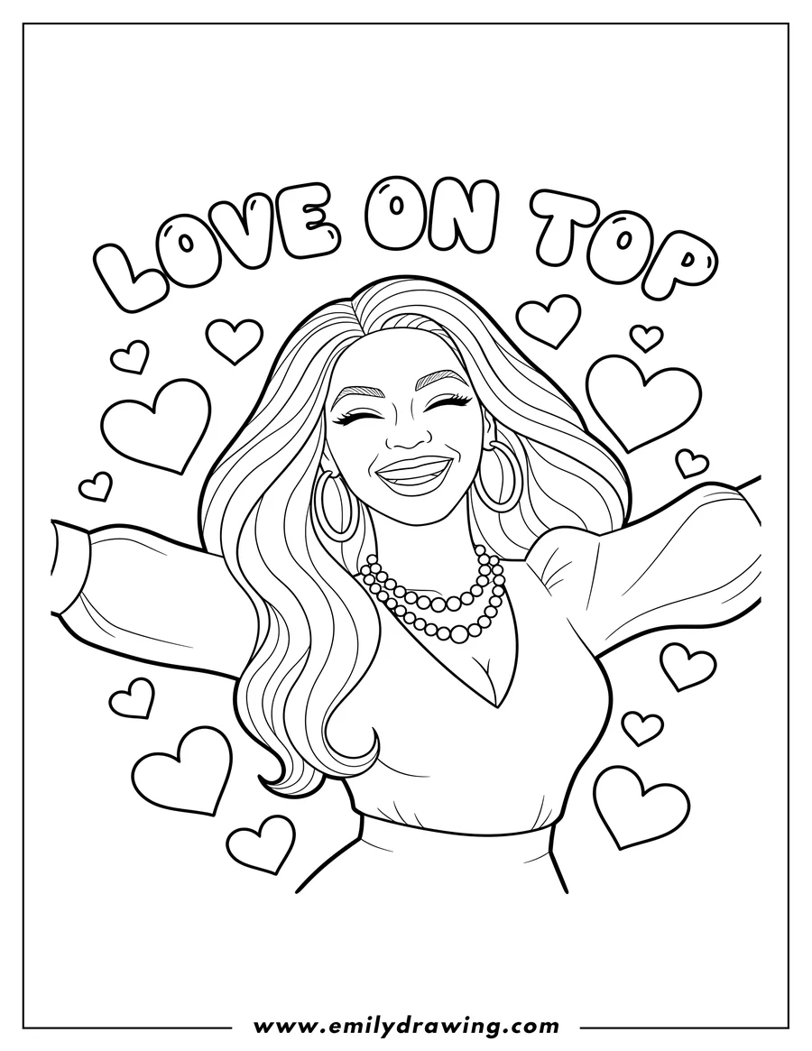 Outline drawing of joyful Beyonce with long wavy hair and hoop earrings, wearing a double-strand pearl necklace, surrounded by hearts, with 'Love On Top' text