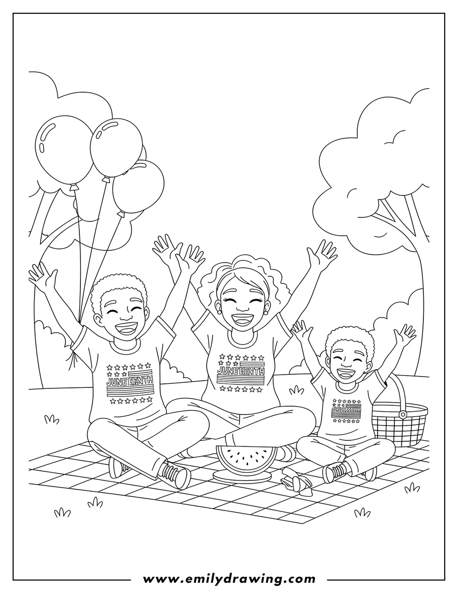 Free printable coloring sheet of joyful Family wearing Juneteenth T-shirts, smiling and raising hands to celebrate Juneteenth at a picnic