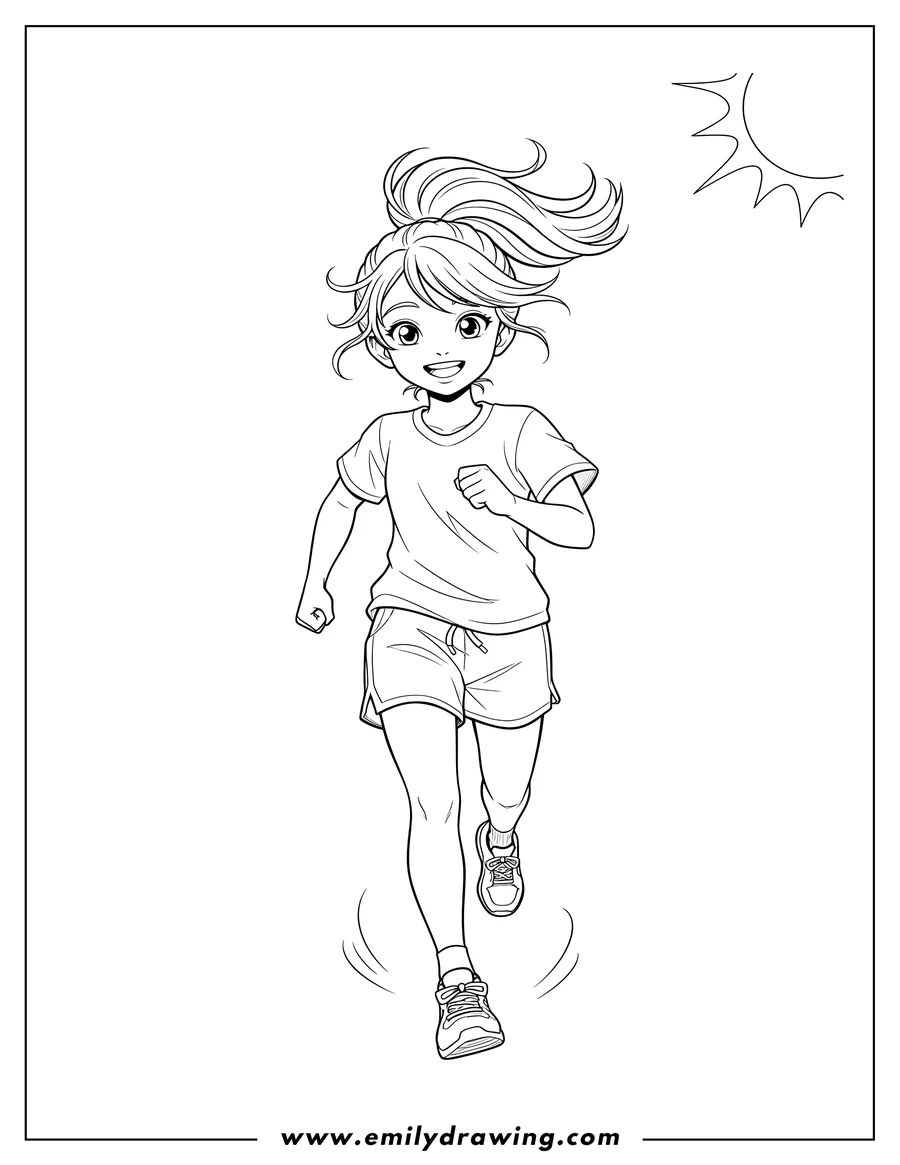 Outline drawing of julie Makimoto running and smiling with a ponytail