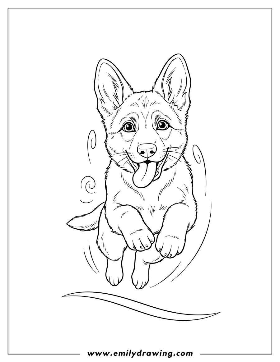 Printable coloring page of german Shepherd puppy jumping forward with tongue out and upright ears