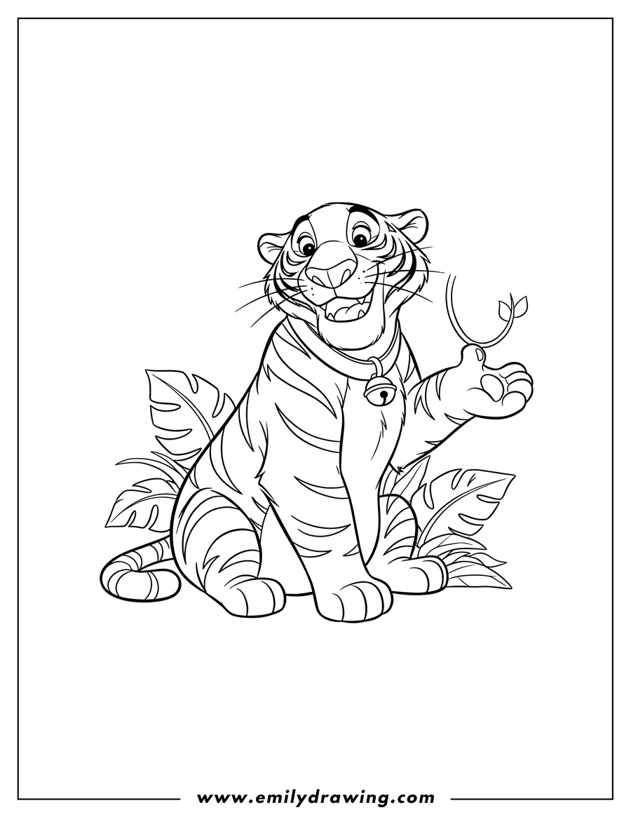 PDF style coloring page: jungle Book Rajah, a smiling tiger sitting with one paw raised
